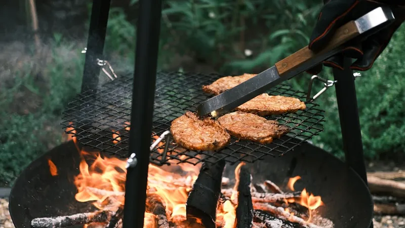 Some meat on a grill in the garden during summer.